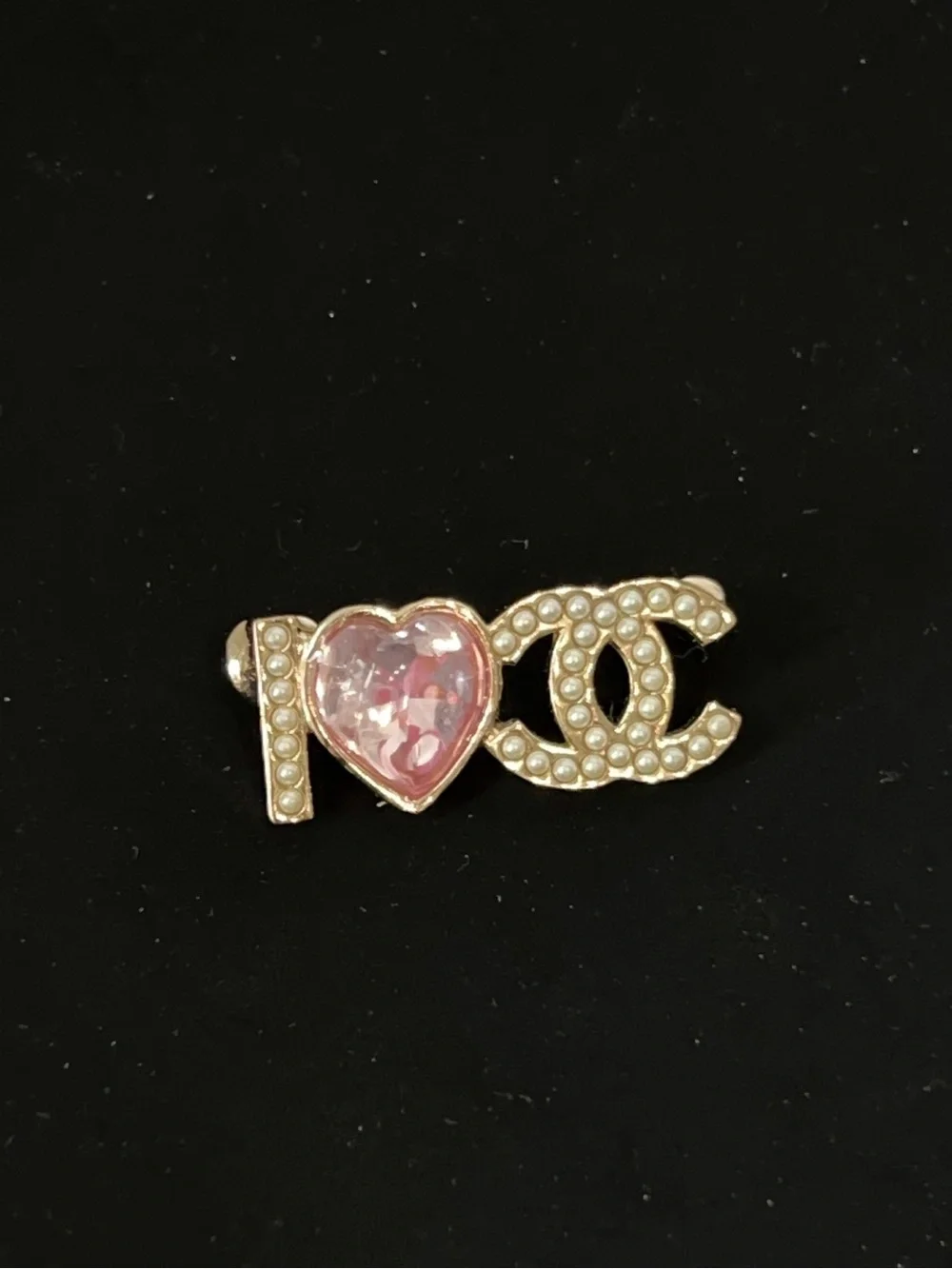 Chanel Pearl-Embellished Pink Heart Logo Brooch